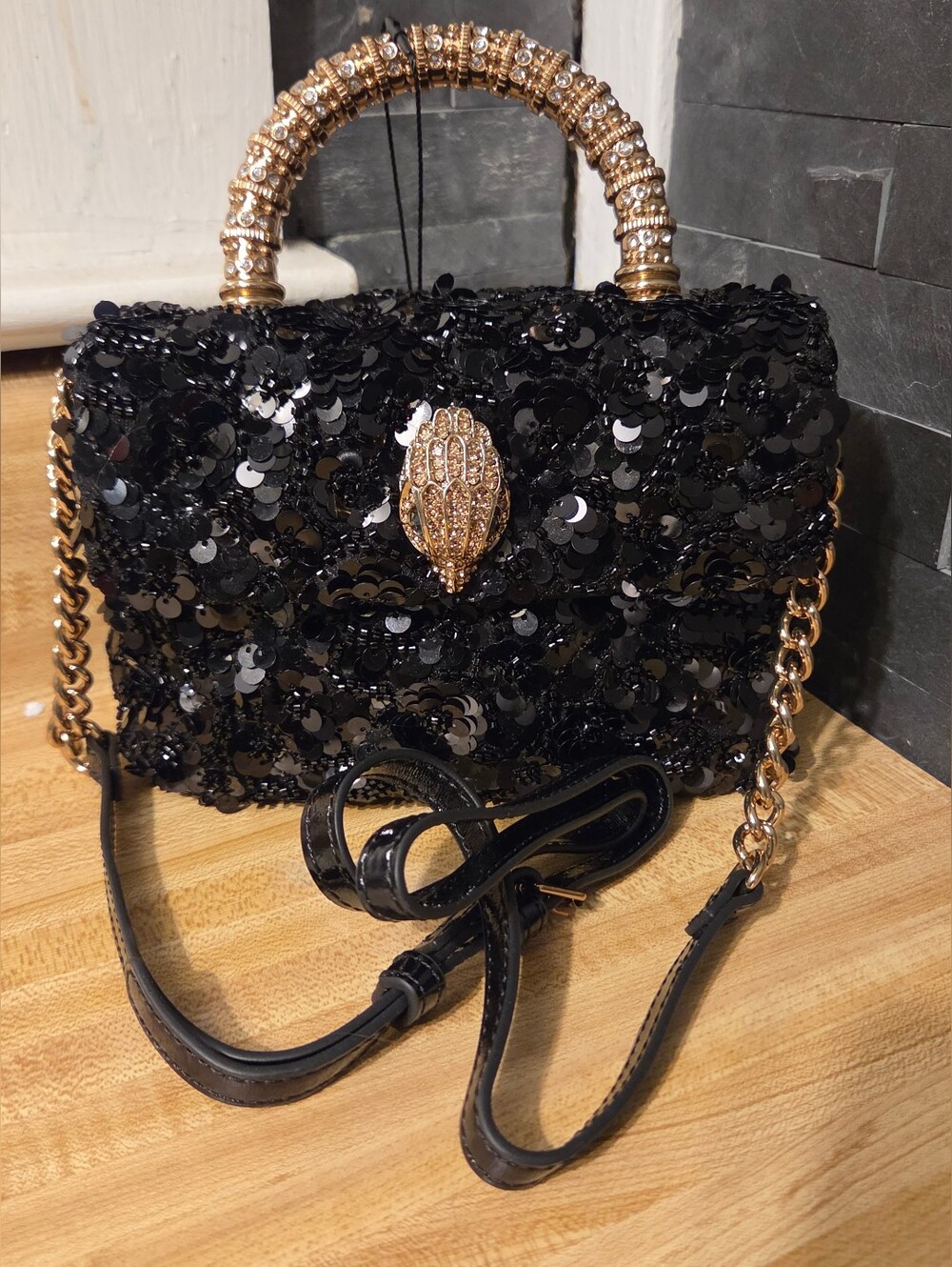Kurt Geiger NWT Black Sequin Mini Tote/Crossbody W/Gold Accents & Dustbag